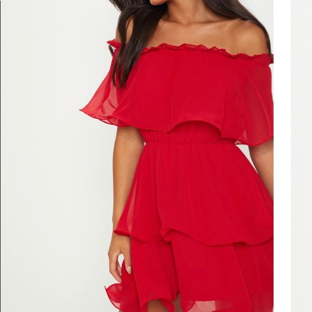 red chiffon off the shoulder dress